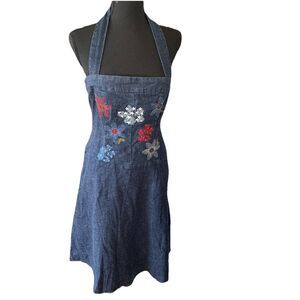 Vintage AVON Denim Fit Flare Convertible Halter Dress Sz 8 Embroidered Dark Wash
